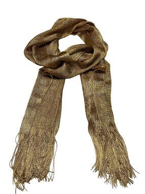 Vintage Metallic Gold Fringe Scarf Long Shimmer Wrap Evening Shawl 68 Inch